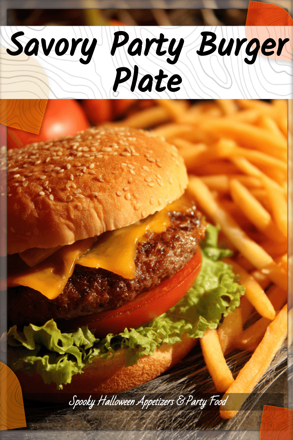 Spider-shaped Halloween burger with fries styled for a party food savory theme. 2